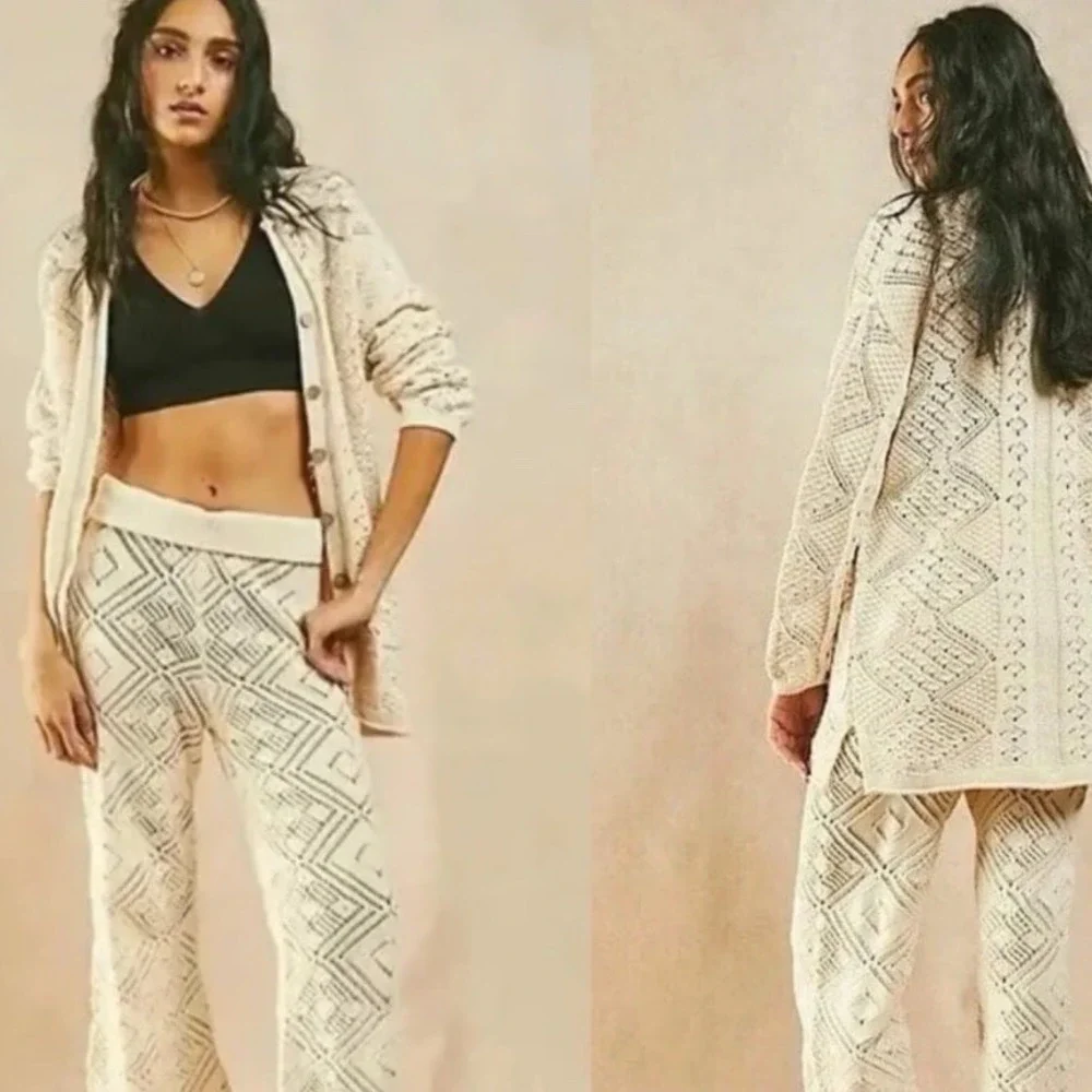 FREE PEOPLE BEACH Get Away Faux Crochet Cardigan Tan Size Medium NWT